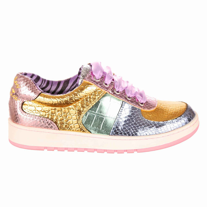 Irregular Choice Metallic Shiny Snakeskin Lace Up Flat Trainers | Starlight Streamer