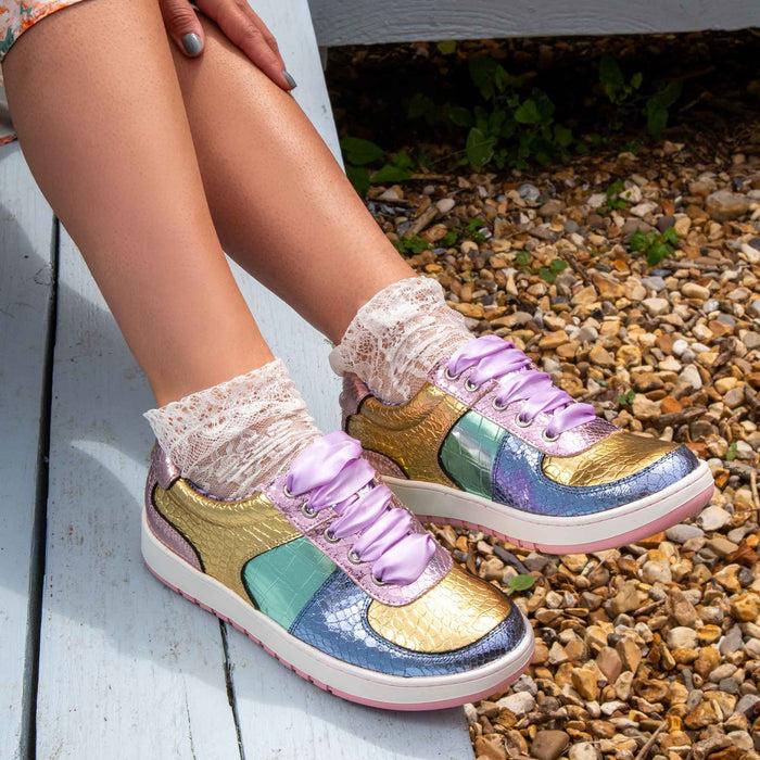 Irregular Choice Metallic Shiny Snakeskin Lace Up Flat Trainers | Starlight Streamer
