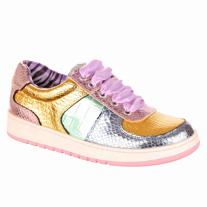 irregular choice Metallic Shiny Snakeskin Lace Up Flat Trainers | Starlight Streamer