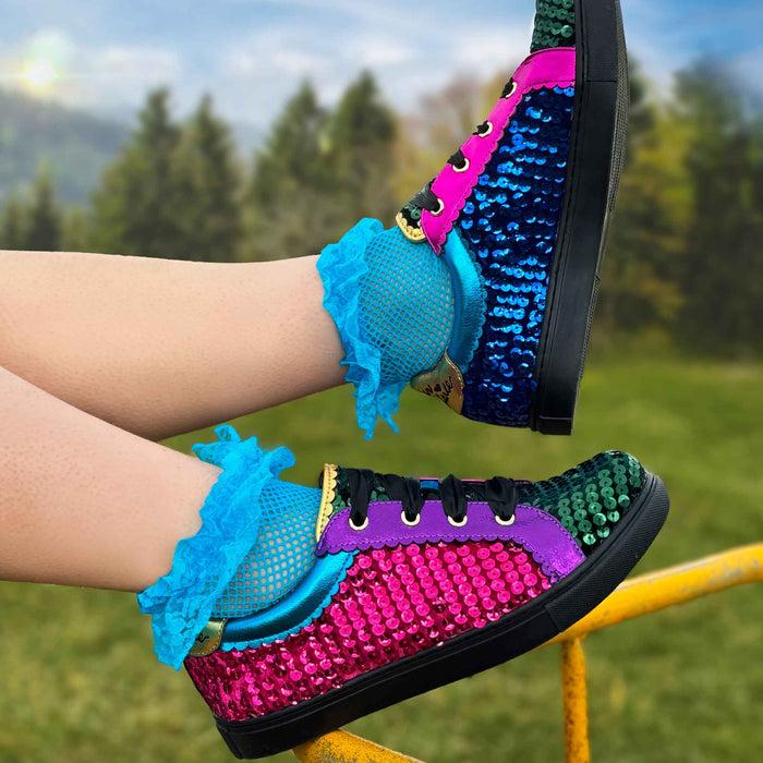 Irregular Choice Multicolour Ribbon Lace Up Tennis Shoe Trainers | Wasabi Wanderer