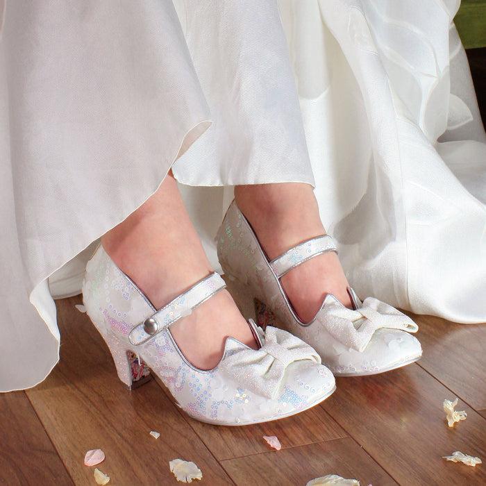 Irregular Choice Piccolo Bridal | White Iridescent Sequin Low Heel Mary Jane Wedding Shoes