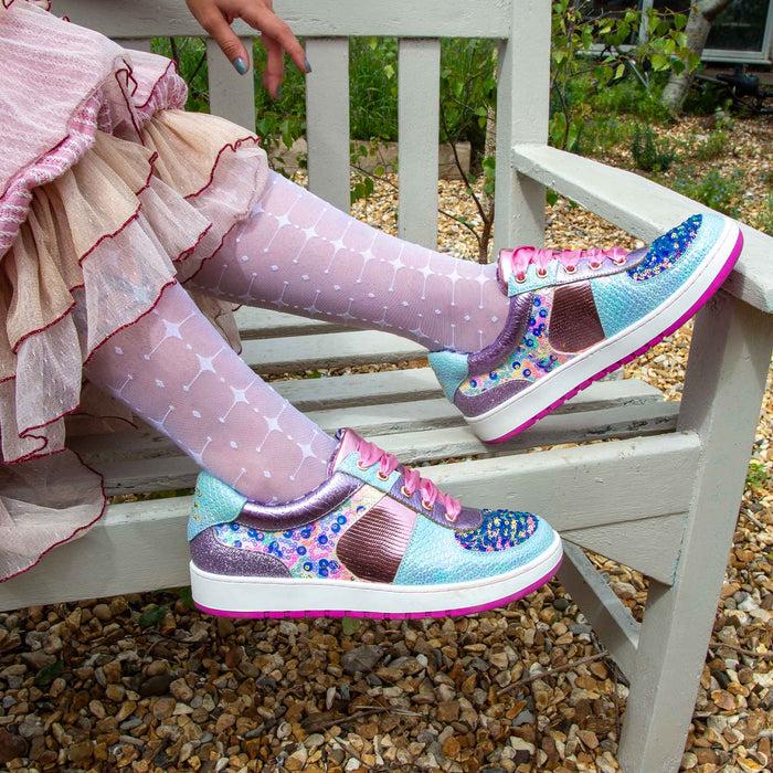 Irregular Choice Pink And Blue Sequined Kitch Lace Up Trainers | Starbright Streamer