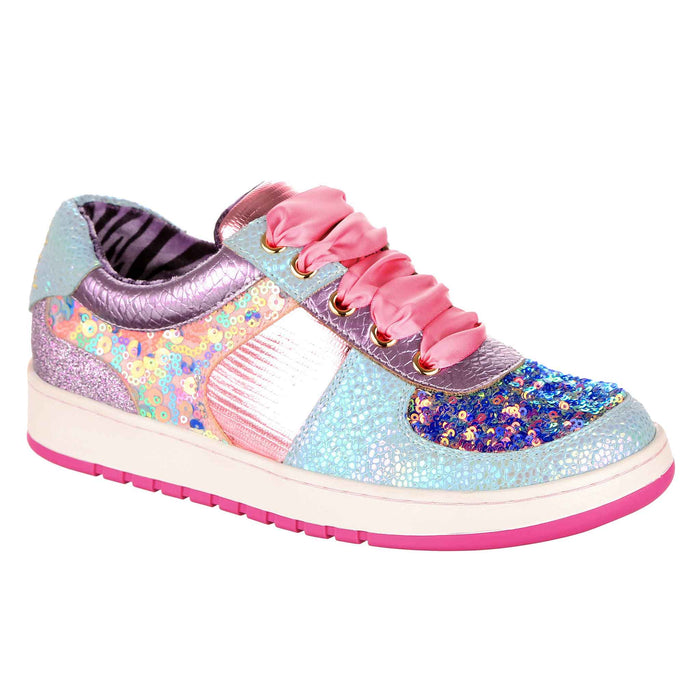 irregular choice Pink and Blue Sequined Kitch Lace Up Trainers | Starbright Streamer