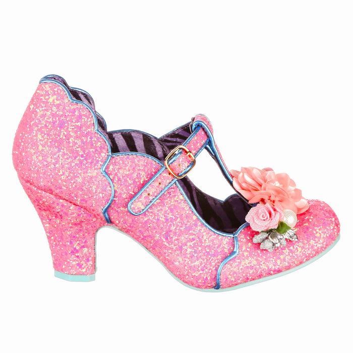 Irregular Choice Pink Glitter Blossom Corsage T Bar Mary Jane Low Heels | Carriage Ride