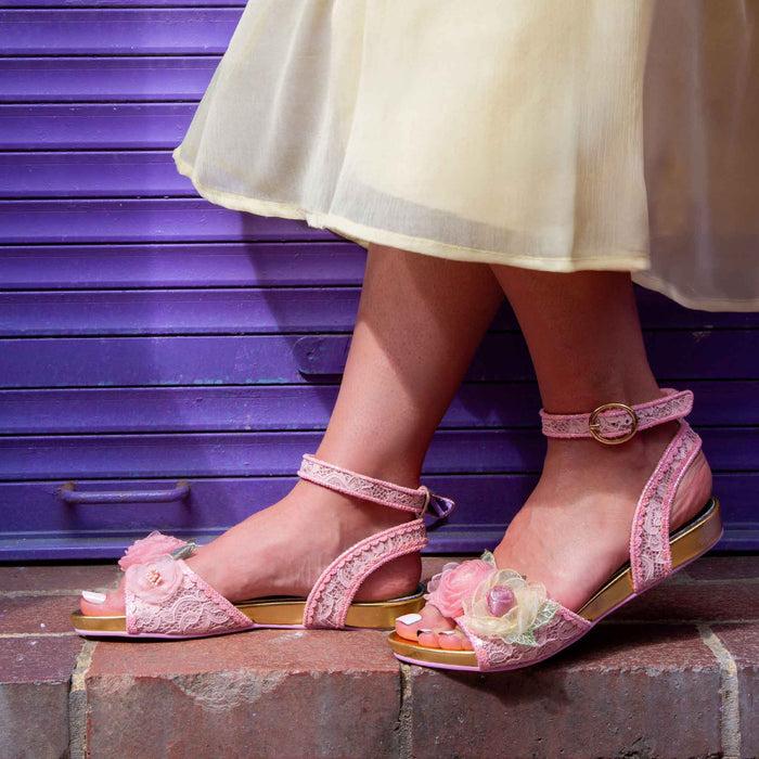 Irregular Choice Pink Lace Flat Strappy Floral Sandals | Strike A Rose