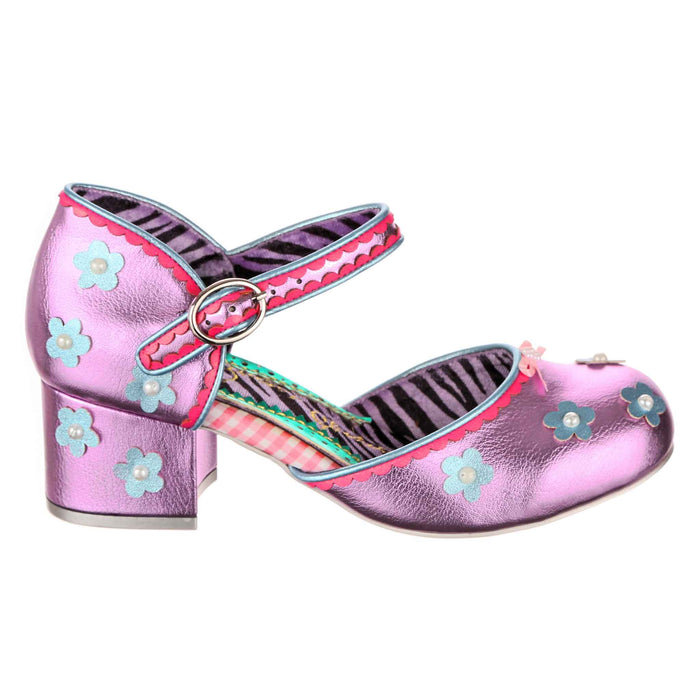 Irregular Choice Pink Metallic Daisy Mary-Jane Block Heeled Shoes | Mervelyn