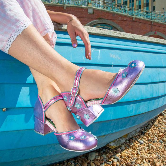 Irregular Choice Pink Metallic Daisy Mary-Jane Block Heeled Shoes | Mervelyn