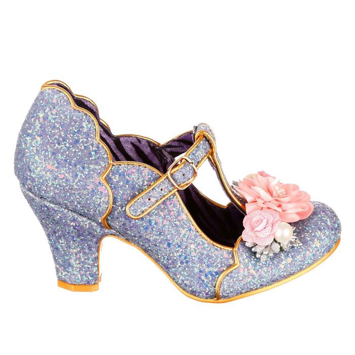 Irregular Choice Powder Blue Glitter Floral Corsage Mary Jane T Bar Buckle Heels | Carriage Ride
