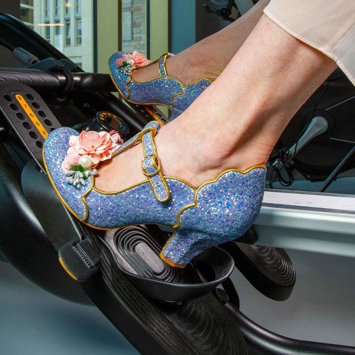 Irregular Choice Powder Blue Glitter Floral Corsage Mary Jane T Bar Buckle Heels | Carriage Ride
