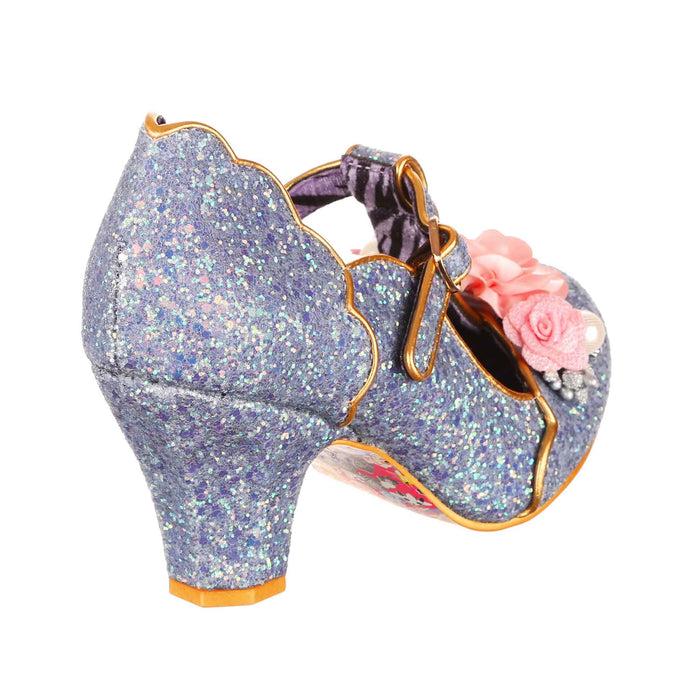 Irregular Choice Powder Blue Glitter Floral Corsage Mary Jane T Bar Buckle Heels | Carriage Ride