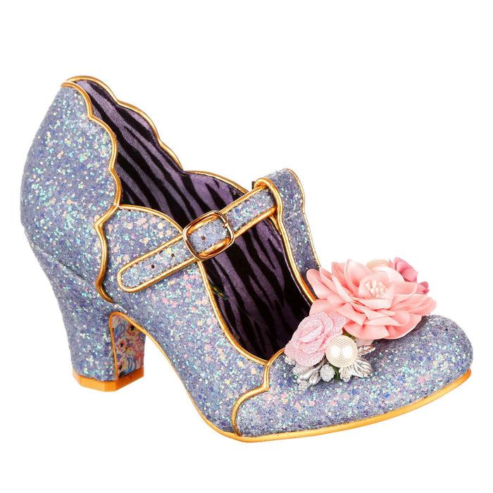 irregular choice Powder Blue Glitter Floral Corsage Mary Jane T Bar Buckle Heels | Carriage Ride