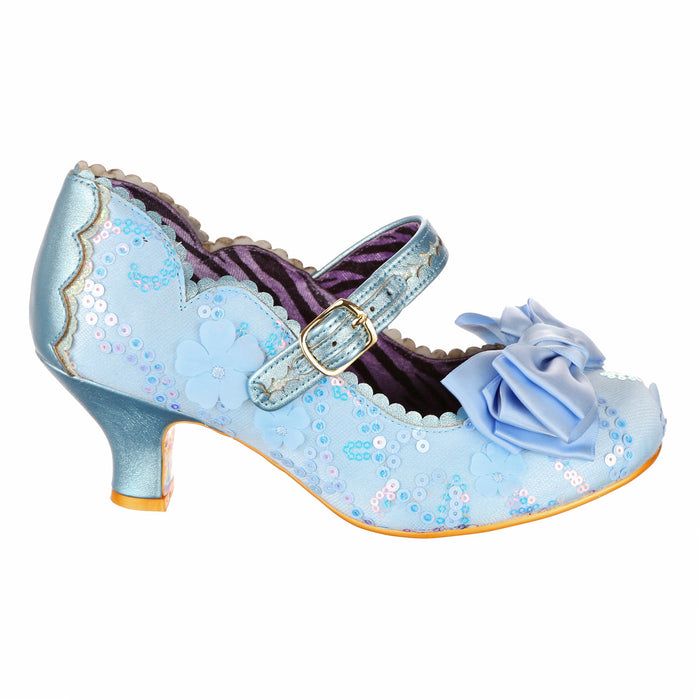 Irregular Choice Powder Blue Ornate Sequin Mary Jane Low Heeled Occasion Shoes | Summer Breeze Wide Fit