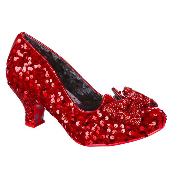 irregular choice Red Ruby Slipper Sparkly Mid Heel Slip On Shoes | Dazzling Diva | Irregular Choice