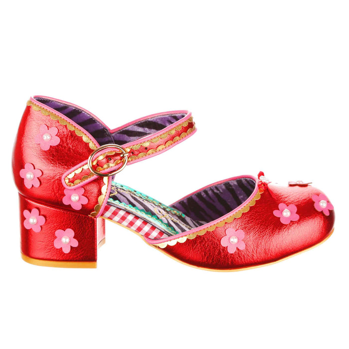 Irregular Choice Red Shiny Flower Power Mary-Jane Block Heeled Shoes | Mervelyn