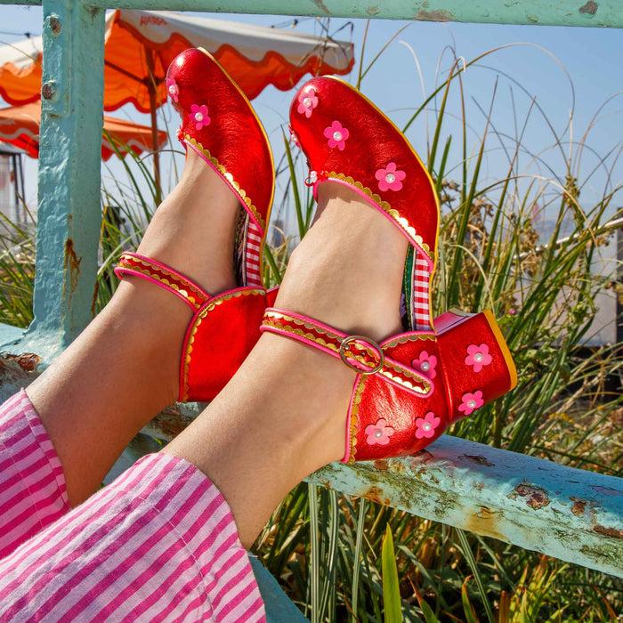 Irregular Choice Red Shiny Flower Power Mary-Jane Block Heeled Shoes | Mervelyn