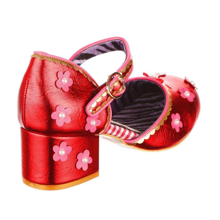 Irregular Choice Red Shiny Flower Power Mary-Jane Block Heeled Shoes | Mervelyn