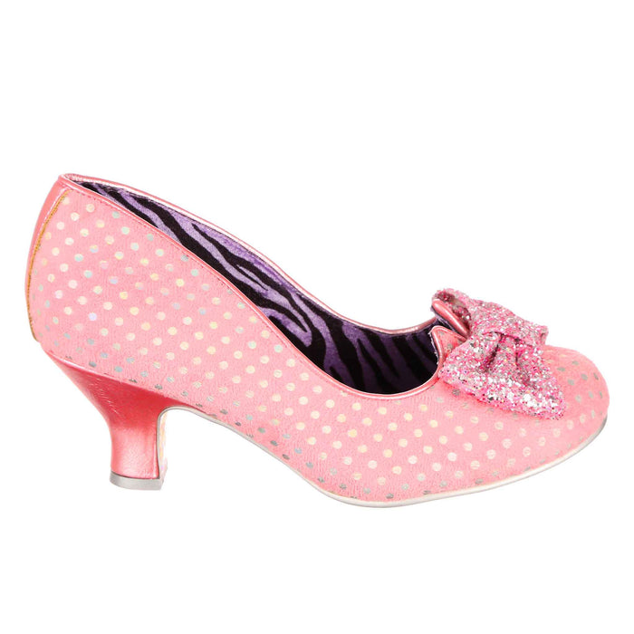 Irregular Choice Vintage Pink Polka Dot Tea Party Slip On Mid Heel Wide Fit Shoes | Dazzling Diva | Irregular Choice