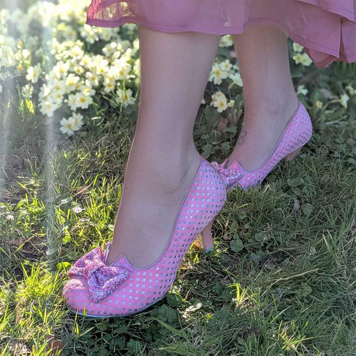 Irregular Choice Vintage Pink Polka Dot Tea Party Slip On Mid Heel Wide Fit Shoes | Dazzling Diva | Irregular Choice
