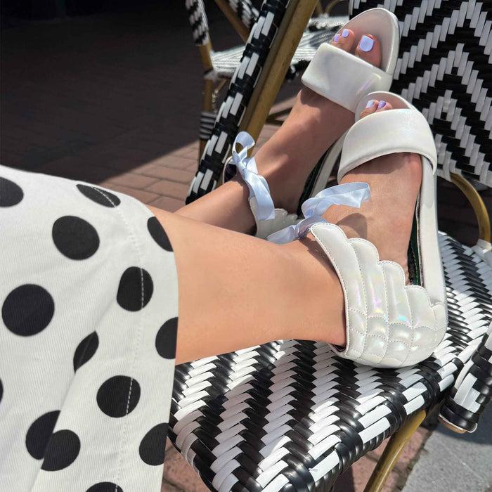 Irregular Choice White Pearlescent Angel Wing Ankle Tie Flat Bridal Shoes | Winging It