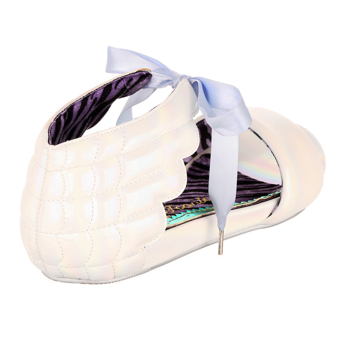 Irregular Choice White Pearlescent Angel Wing Ankle Tie Flat Bridal Shoes | Winging It