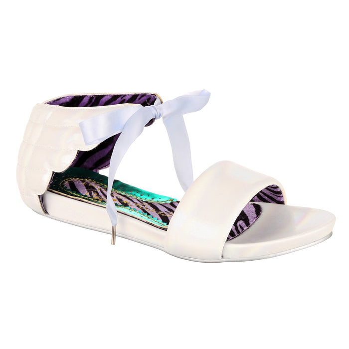 irregular choice White Pearlescent Angel Wing Ankle Tie Flat Bridal Shoes | Winging It