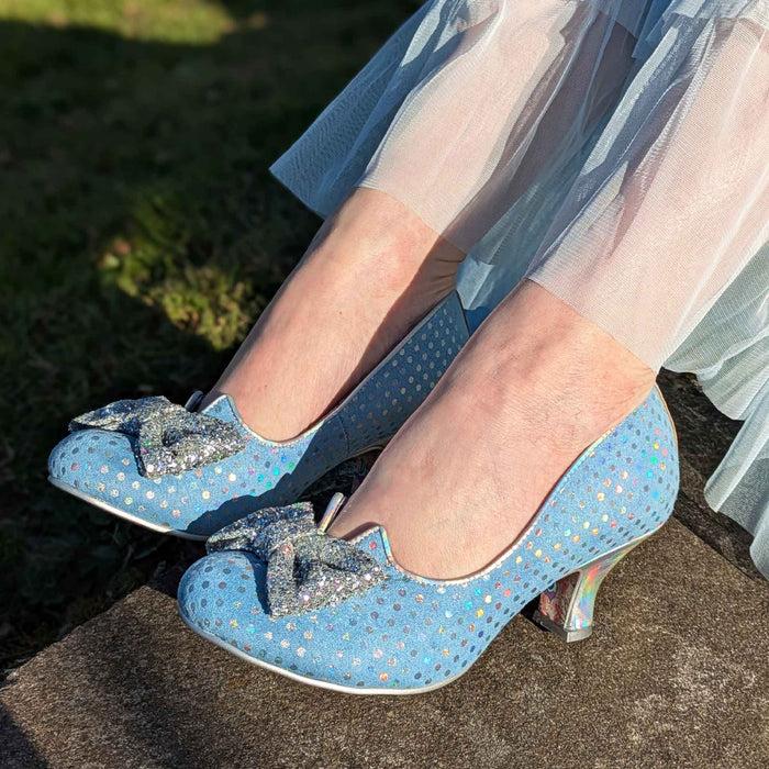 Irregular Choice Wide Fit Baby Blue Polka Dot Retro Vintage Mid Heel Shoes | Dazzling Diva