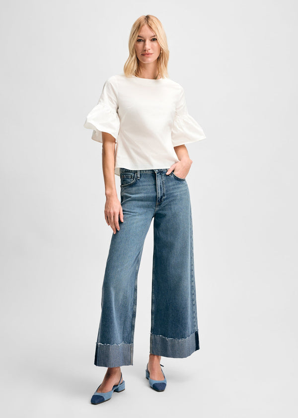 isaac mizrahi new york Button Back Fluted Short Sleeve Poplin Blouse