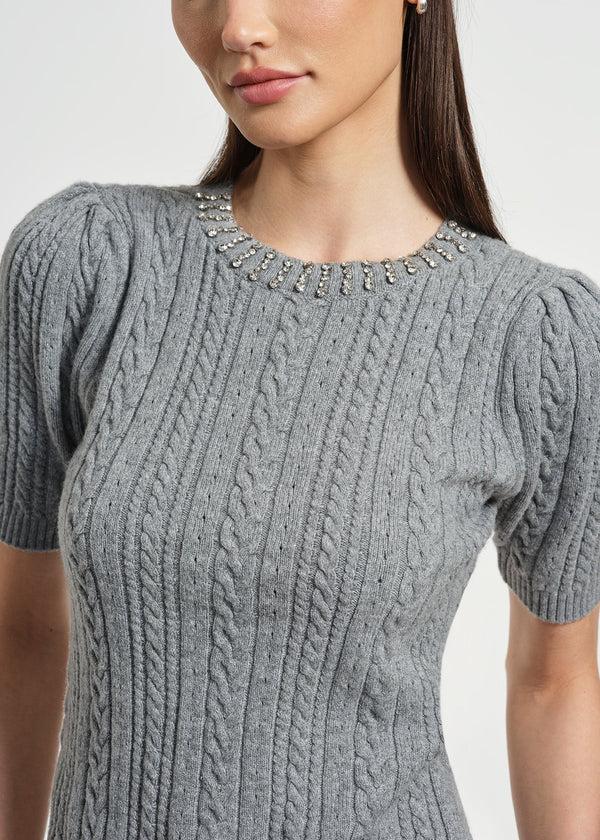 Isaac Mizrahi New York Jewel Neck Short Sleeve Cable Sweater