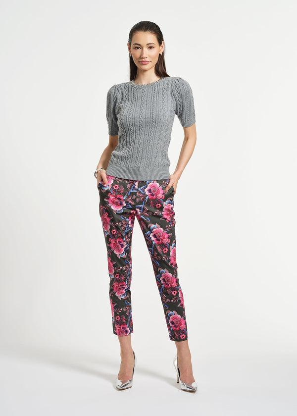 isaac mizrahi new york Jewel Neck Short Sleeve Cable Sweater