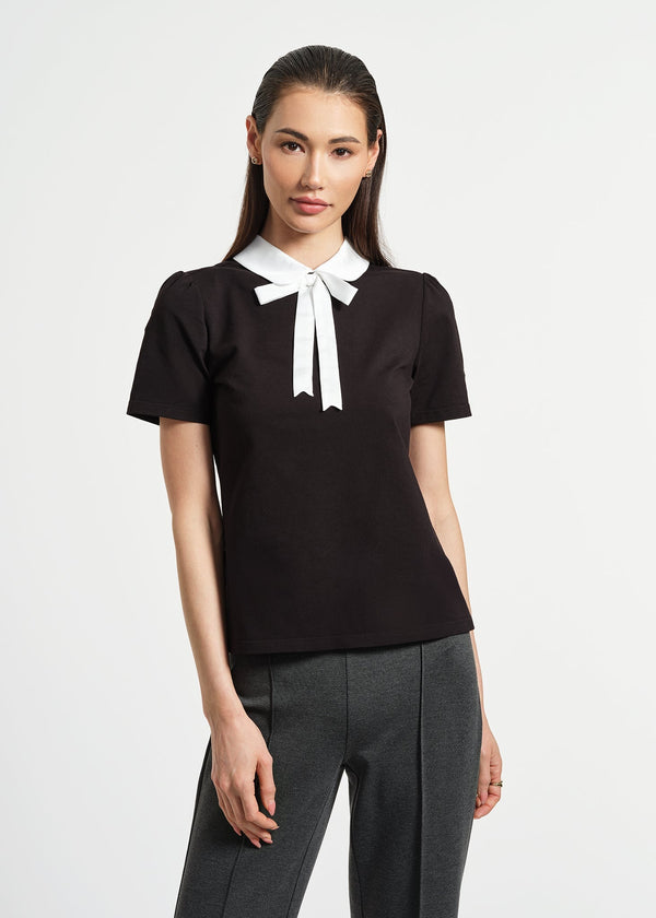 isaac mizrahi new york Satin Bow Neck Peter Pan Tee