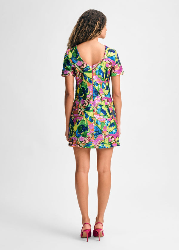 Isaac Mizrahi New York Sequin Floral Short Sleeve Mini Dress