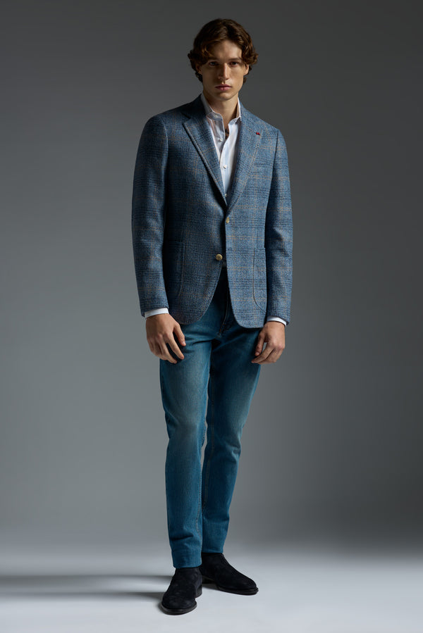 Isaia Capri Sport Jacket Jacket Light Blue With Beige Check