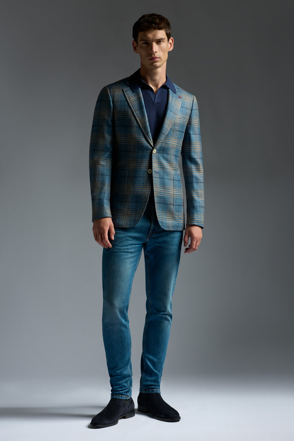 Isaia Capri Sport Jacket Jacket Light Blue With Beige Check