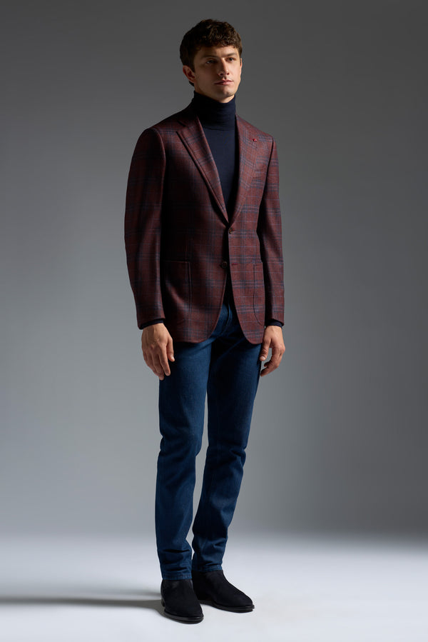 Isaia Domenico Sport Jacket Jacket Burgundy With Navy Check