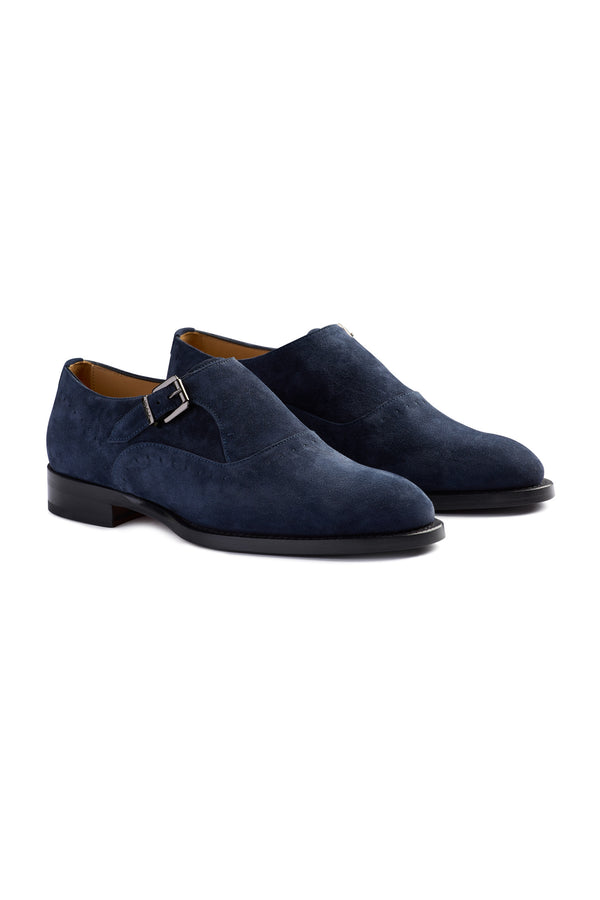 Isaia AMF Suede Single Monk Strap Shoes Navy