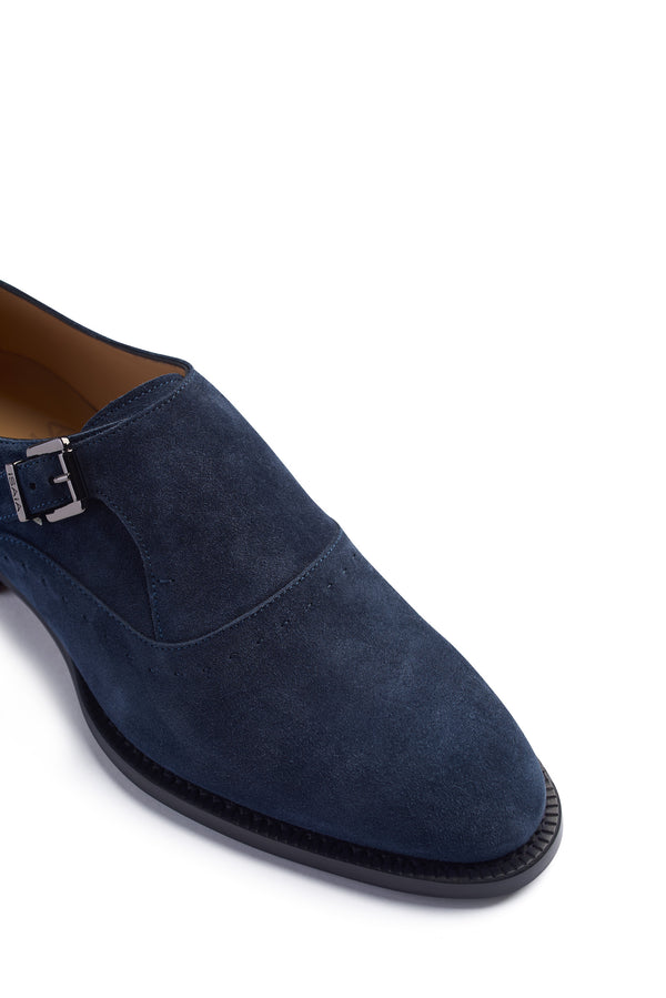 Isaia AMF Suede Single Monk Strap Shoes Navy