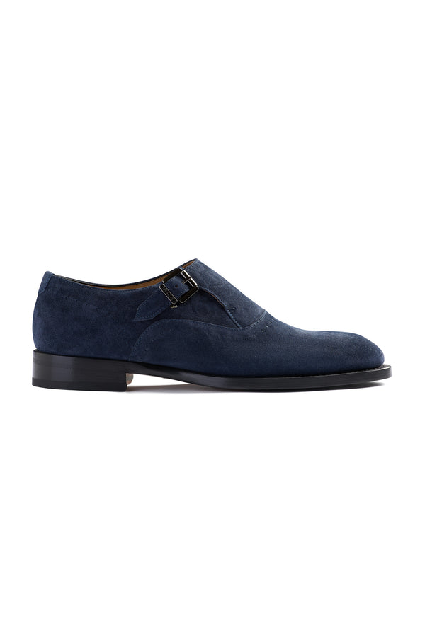 isaia AMF Suede Single Monk Strap Shoes Navy