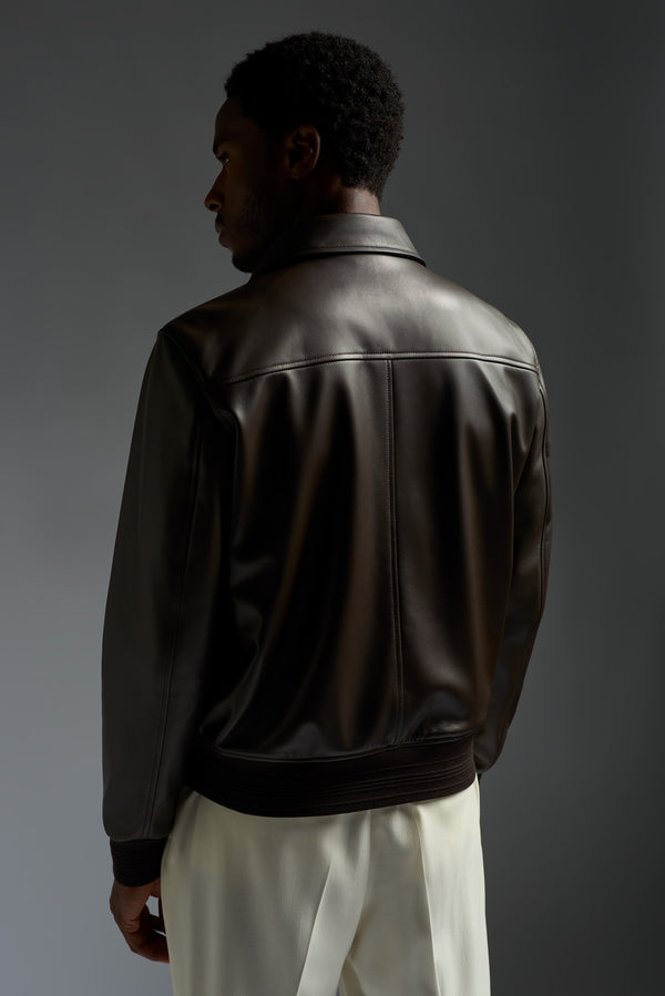 Isaia Aviator Jacket Leather Jacket Dark Brown