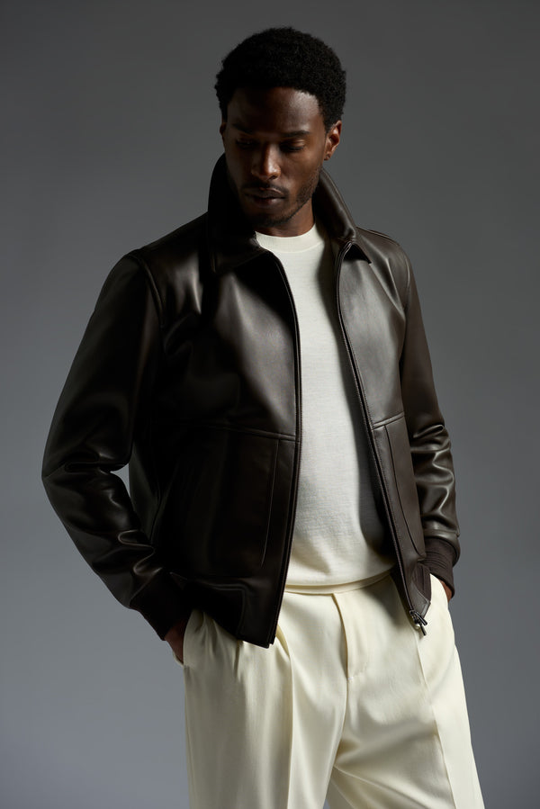 isaia Aviator Jacket Leather Jacket Dark Brown