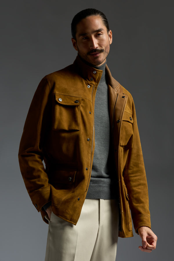 isaia Field Jacket Leather Jacket Orange