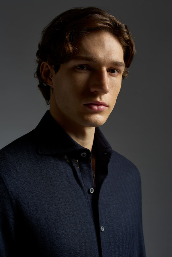 Isaia Jersey Long Sleeve Shirt Sport Shirt Navy