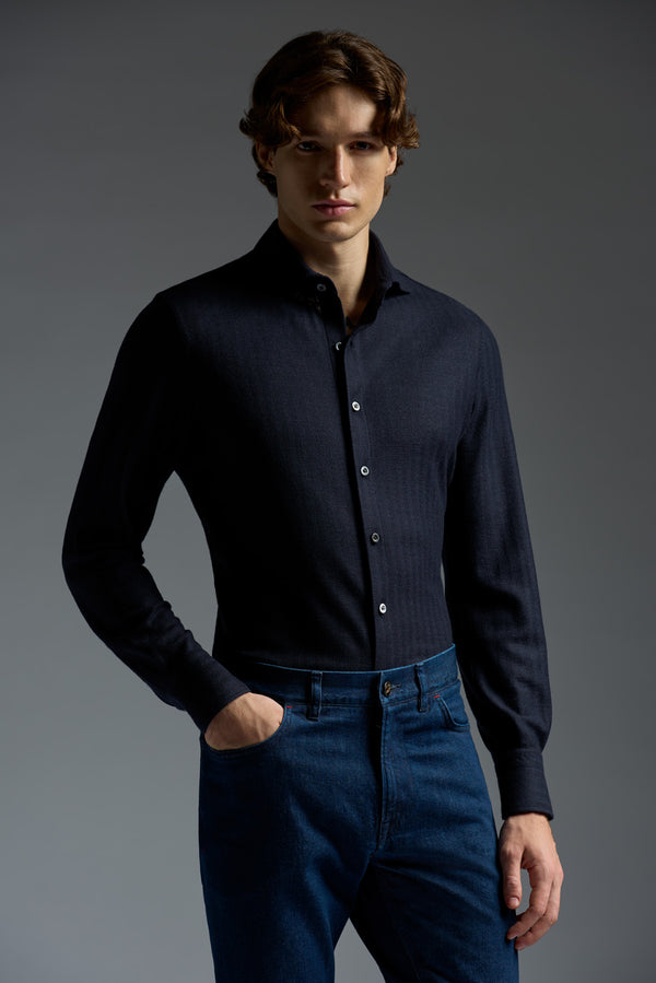 isaia Jersey Long Sleeve Shirt Sport Shirt Navy