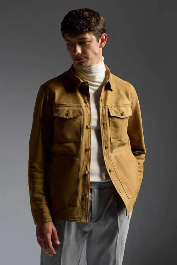 isaia Overshirt Leather Jacket Maroon