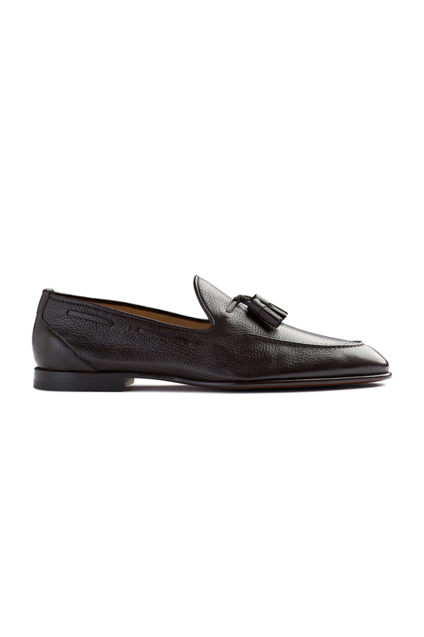 isaia Unlined Leather Tassel Loafer Shoes Brown
