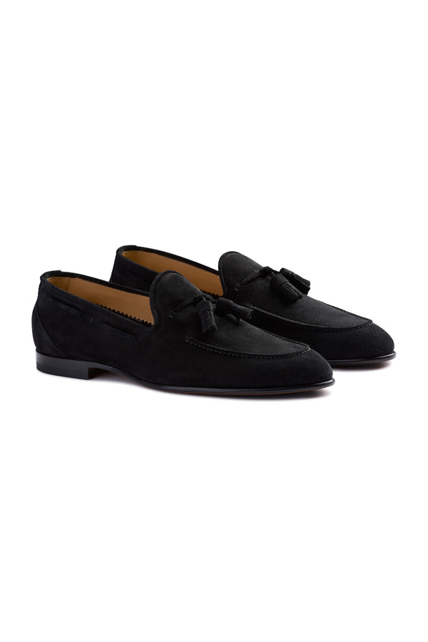 Isaia Unlined Suede Tassel Loafer Shoes Black1