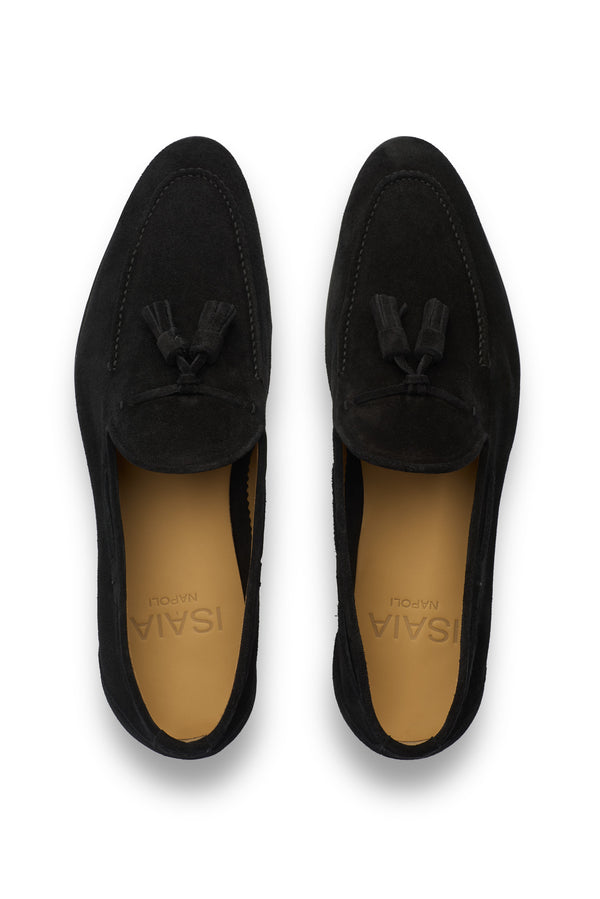 Isaia Unlined Suede Tassel Loafer Shoes Black1
