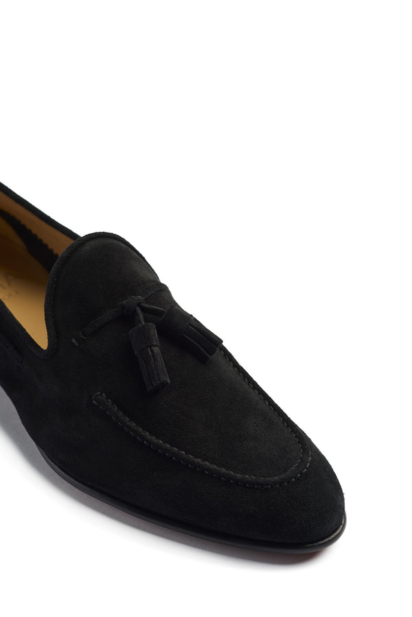 Isaia Unlined Suede Tassel Loafer Shoes Black1