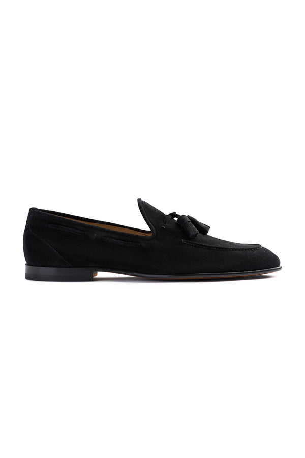 isaia Unlined Suede Tassel Loafer Shoes Black1