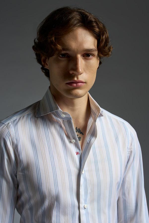 Isaia Mix Dress Shirt Shirt White Blue And Yellow Stripe