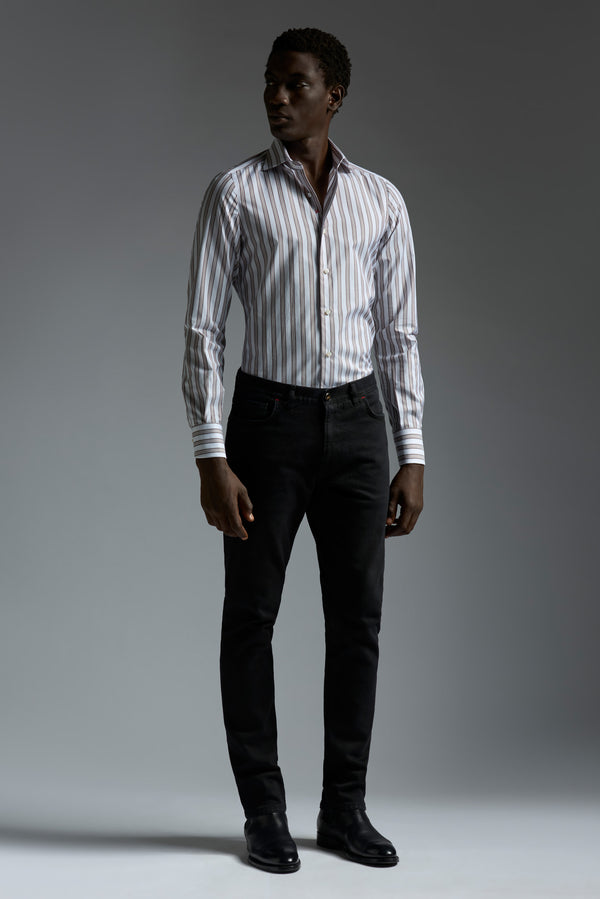 Isaia Mix Dress Shirt Shirt White Brown And Beige Stripe